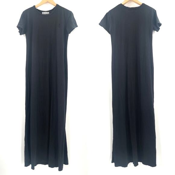 WILDFOX Small Dress Maxi Black Embroidered Logo High Side Slits Cotton Long - Picture 1 of 16